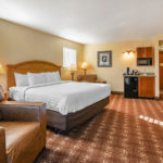 guest room with one king bed and wet bar